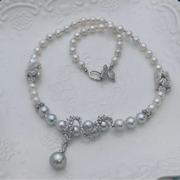 X483 Handmade Akoya Sea Pearl Freshwater Baroque Pearl Necklace